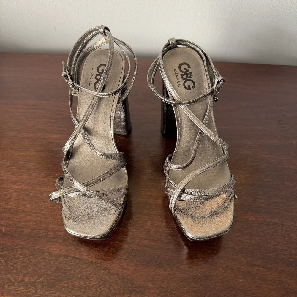 GBG Silver Open Toe Heels Anklet Chunky Dress Shoe  Size 7.5